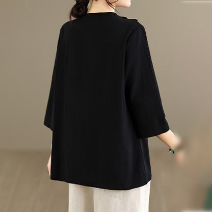 Buddha Stones Summer Tang Style Side Slit Pankou Solid Crew Neck Women's Long Sleeve T-Shirt With Pocket