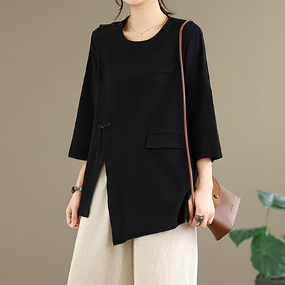 Buddha Stones Summer Tang Style Side Slit Pankou Solid Crew Neck Women's Long Sleeve T-Shirt With Pocket