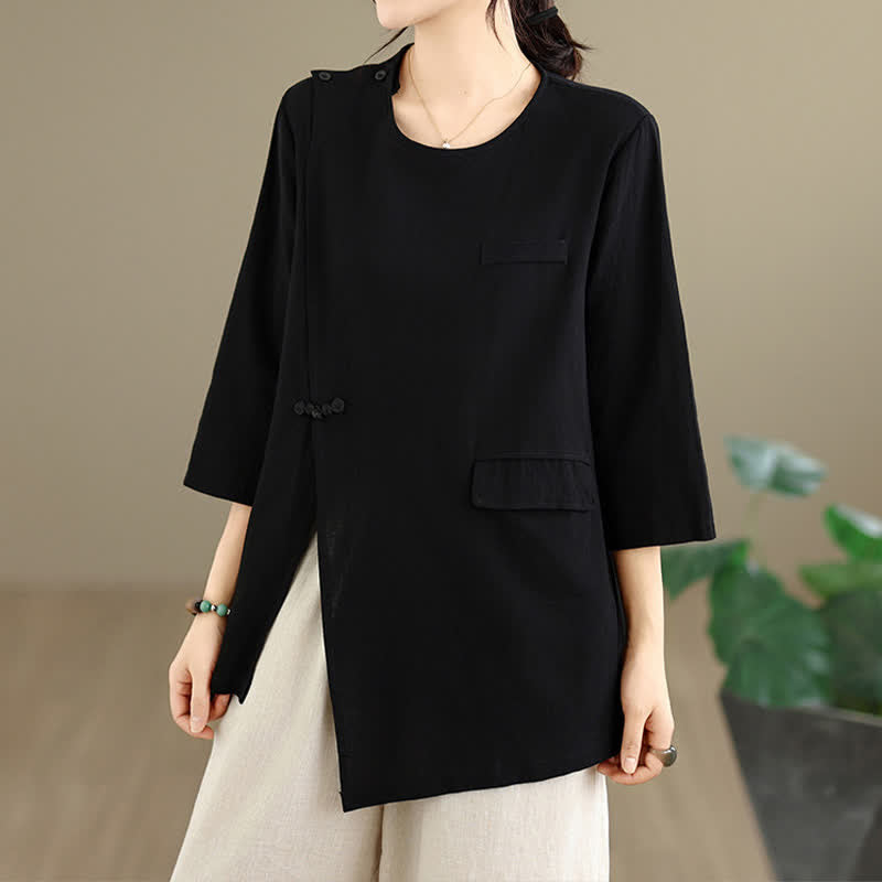 Buddha Stones Summer Tang Style Side Slit Pankou Solid Crew Neck Women's Long Sleeve T-Shirt With Pocket