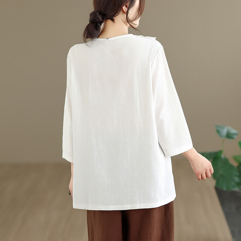 Buddha Stones Summer Tang Style Side Slit Pankou Solid Crew Neck Women's Long Sleeve T-Shirt With Pocket