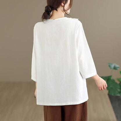 Buddha Stones Summer Tang Style Side Slit Pankou Solid Crew Neck Women's Long Sleeve T-Shirt With Pocket