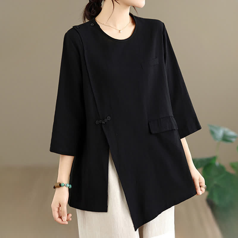 Buddha Stones Summer Tang Style Side Slit Pankou Solid Crew Neck Women's Long Sleeve T-Shirt With Pocket