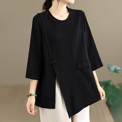 Buddha Stones Summer Tang Style Side Slit Pankou Solid Crew Neck Women's Long Sleeve T-Shirt With Pocket