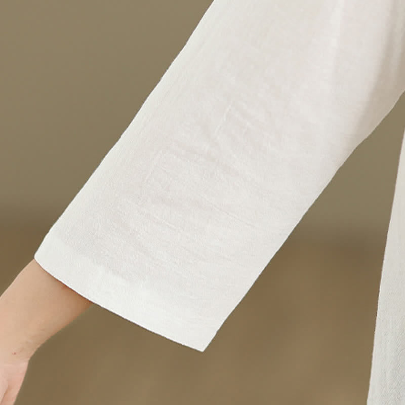 Buddha Stones Summer Tang Style Side Slit Pankou Solid Crew Neck Women's Long Sleeve T-Shirt With Pocket
