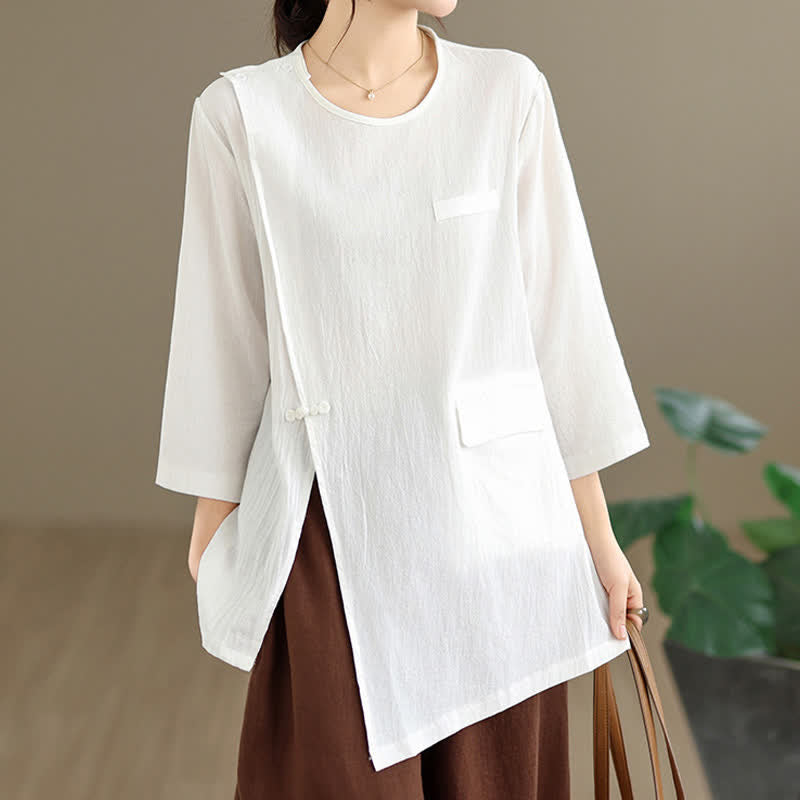 Buddha Stones Summer Tang Style Side Slit Pankou Solid Crew Neck Women's Long Sleeve T-Shirt With Pocket