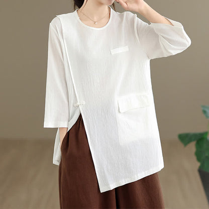 Buddha Stones Summer Tang Style Side Slit Pankou Solid Crew Neck Women's Long Sleeve T-Shirt With Pocket
