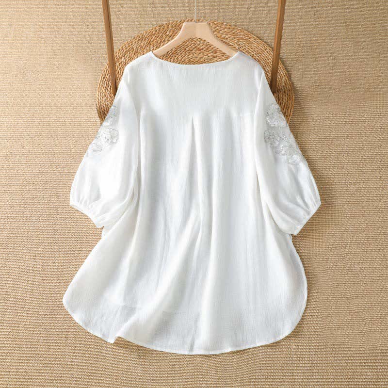Buddha Stones Summer Casual Elegant Embroidery White Floral Crew Neck Women's Long Sleeve T-Shirt