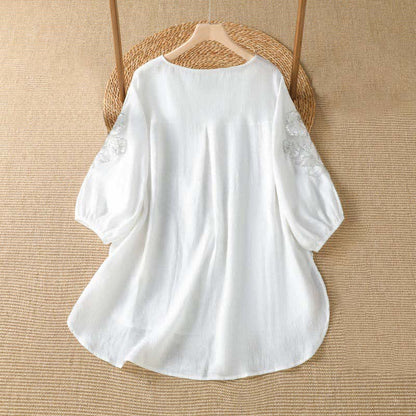 Buddha Stones Summer Casual Elegant Embroidery White Floral Crew Neck Women's Long Sleeve T-Shirt