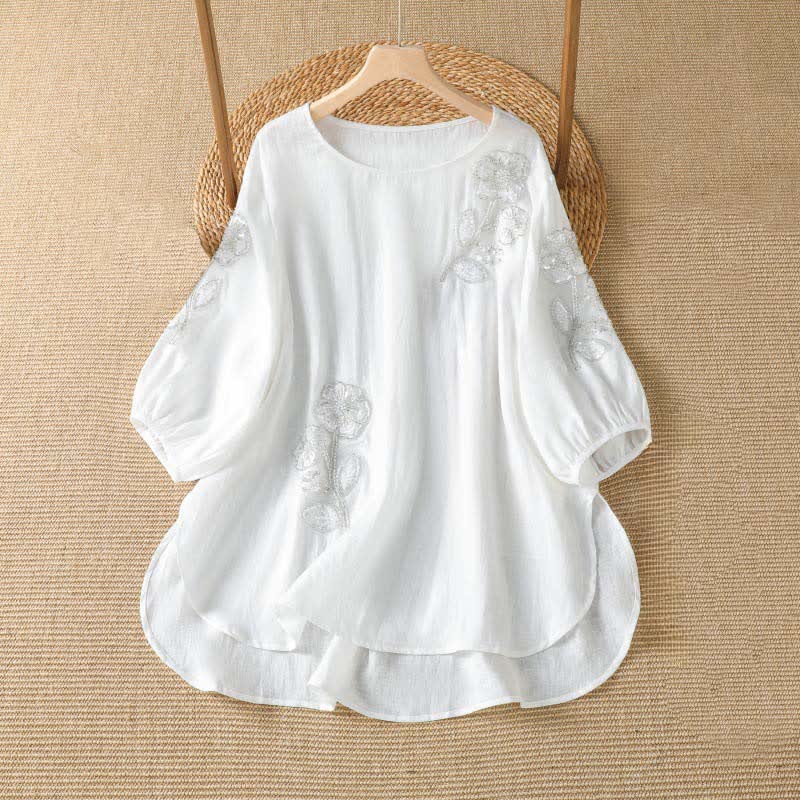 Buddha Stones Summer Casual Elegant Embroidery White Floral Crew Neck Women's Long Sleeve T-Shirt