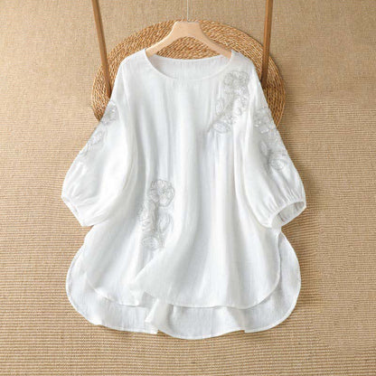 Buddha Stones Summer Casual Elegant Embroidery White Floral Crew Neck Women's Long Sleeve T-Shirt