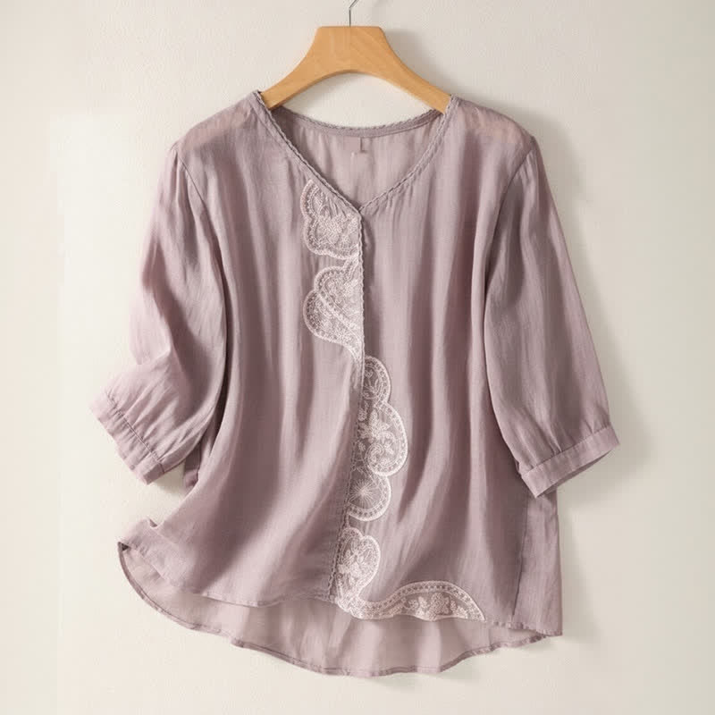 Buddha Stones Casual Embroidered Pattern Women's V-neck Design Half Sleeve T-Shirt