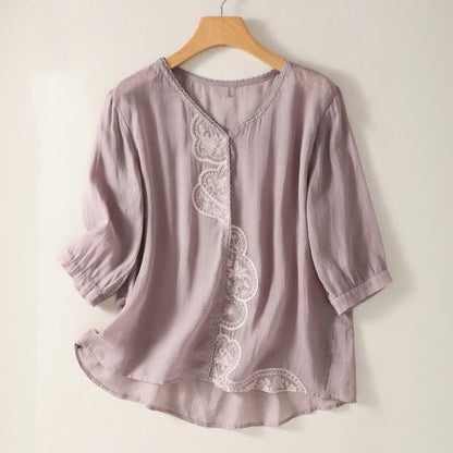 Buddha Stones Casual Embroidered Pattern Women's V-neck Design Half Sleeve T-Shirt