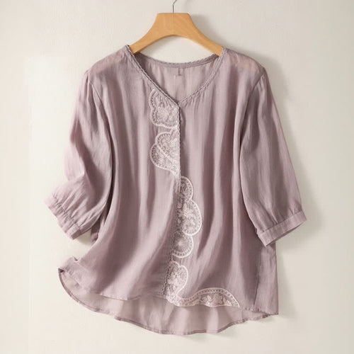 Buddha Stones Casual Embroidered Pattern Women's V-neck Design Half Sleeve T-Shirt
