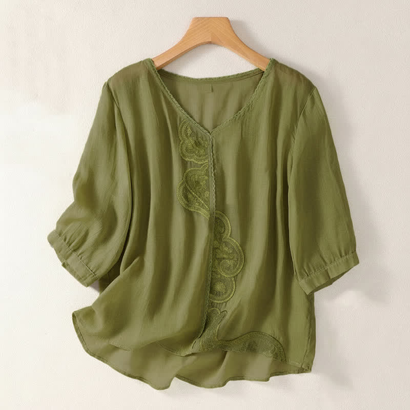 Buddha Stones Casual Embroidered Pattern Women's V-neck Design Half Sleeve T-Shirt