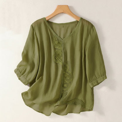 Buddha Stones Casual Embroidered Pattern Women's V-neck Design Half Sleeve T-Shirt