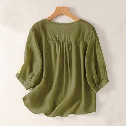 Buddha Stones Casual Embroidered Pattern Women's V-neck Design Half Sleeve T-Shirt
