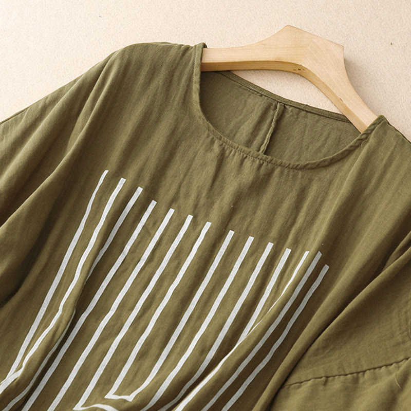 Buddha Stones Casual Line Printing Pattern Short Sleeve Cotton Linen Women's T-Shirt