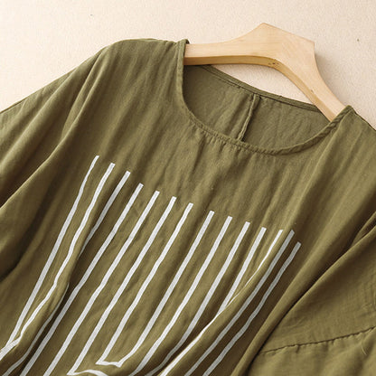Buddha Stones Casual Line Printing Pattern Short Sleeve Cotton Linen Women's T-Shirt