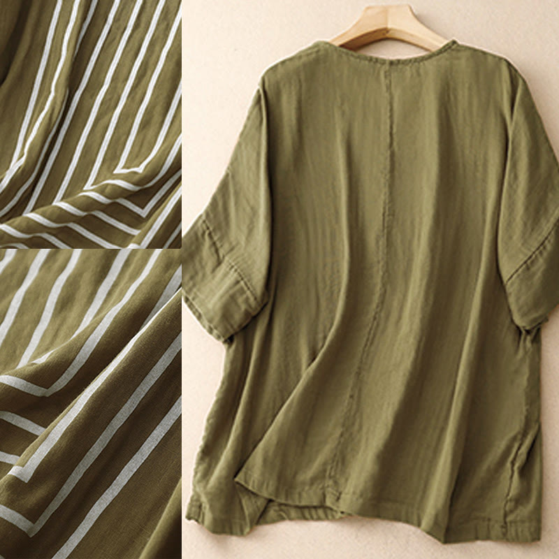Buddha Stones Casual Line Printing Pattern Short Sleeve Cotton Linen Women's T-Shirt