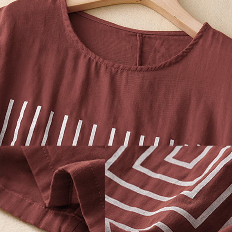 Buddha Stones Casual Line Printing Pattern Short Sleeve Cotton Linen Women's T-Shirt