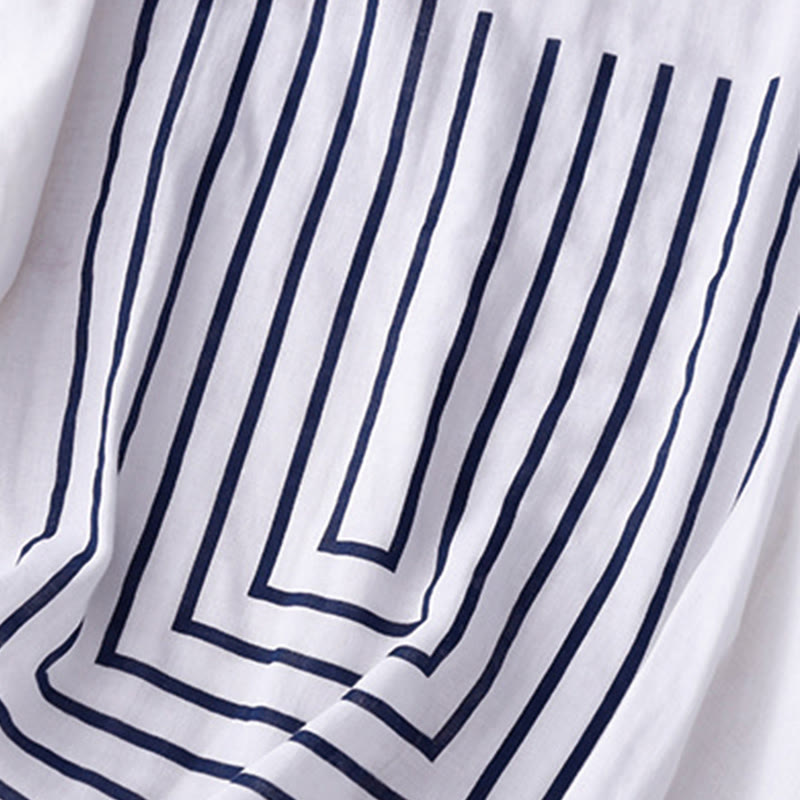 Buddha Stones Casual Line Printing Pattern Short Sleeve Cotton Linen Women's T-Shirt