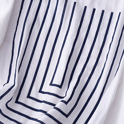 Buddha Stones Casual Line Printing Pattern Short Sleeve Cotton Linen Women's T-Shirt