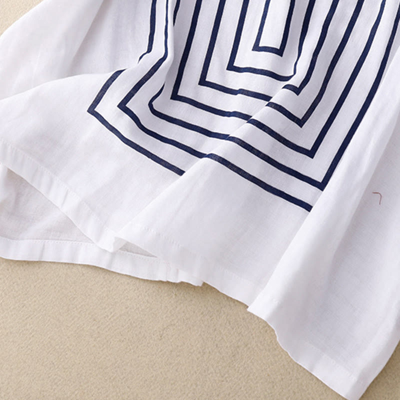 Buddha Stones Casual Line Printing Pattern Short Sleeve Cotton Linen Women's T-Shirt