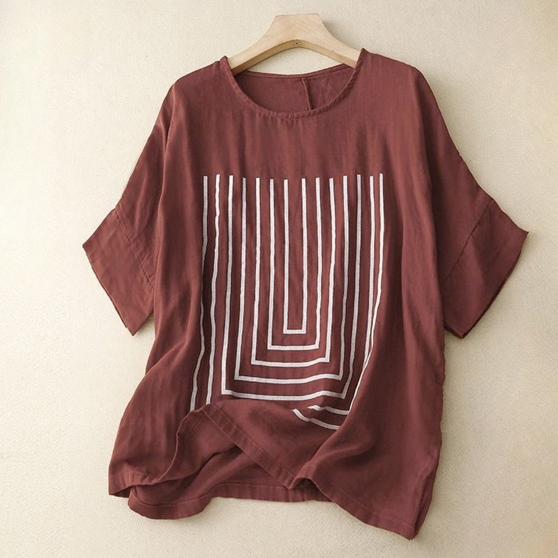 Buddha Stones Casual Line Printing Pattern Short Sleeve Cotton Linen Women's T-Shirt