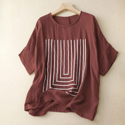 Buddha Stones Casual Line Printing Pattern Short Sleeve Cotton Linen Women's T-Shirt