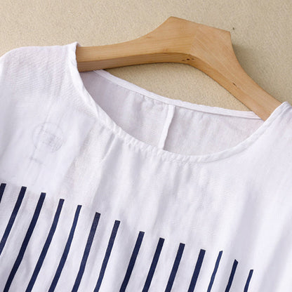 Buddha Stones Casual Line Printing Pattern Short Sleeve Cotton Linen Women's T-Shirt