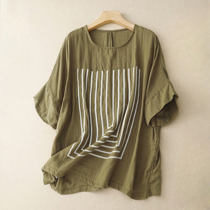 Buddha Stones Casual Line Printing Pattern Short Sleeve Cotton Linen Women's T-Shirt