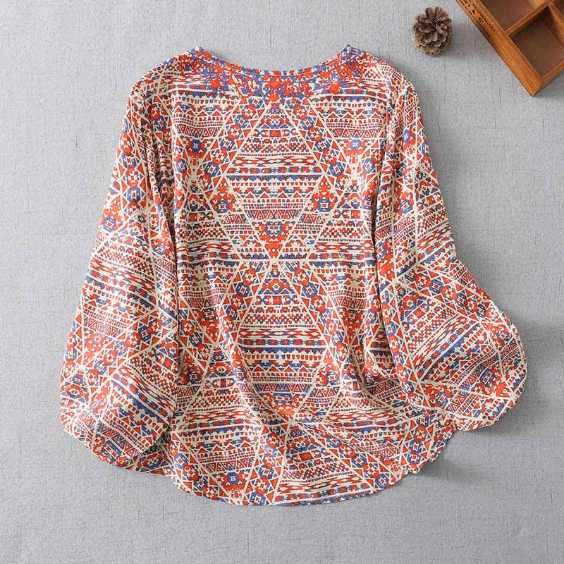 Buddha Stones Summer Boho Vintage Red Geometric V-Neck Women's Long Sleeve T-Shirt