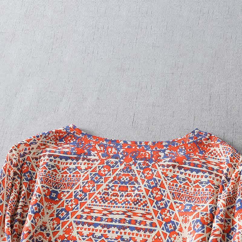 Buddha Stones Summer Boho Vintage Red Geometric V-Neck Women's Long Sleeve T-Shirt