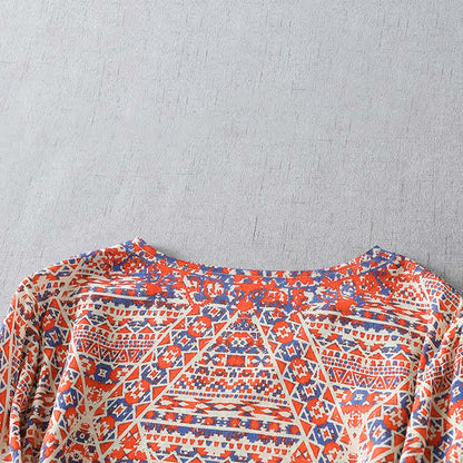Buddha Stones Summer Boho Vintage Red Geometric V-Neck Women's Long Sleeve T-Shirt