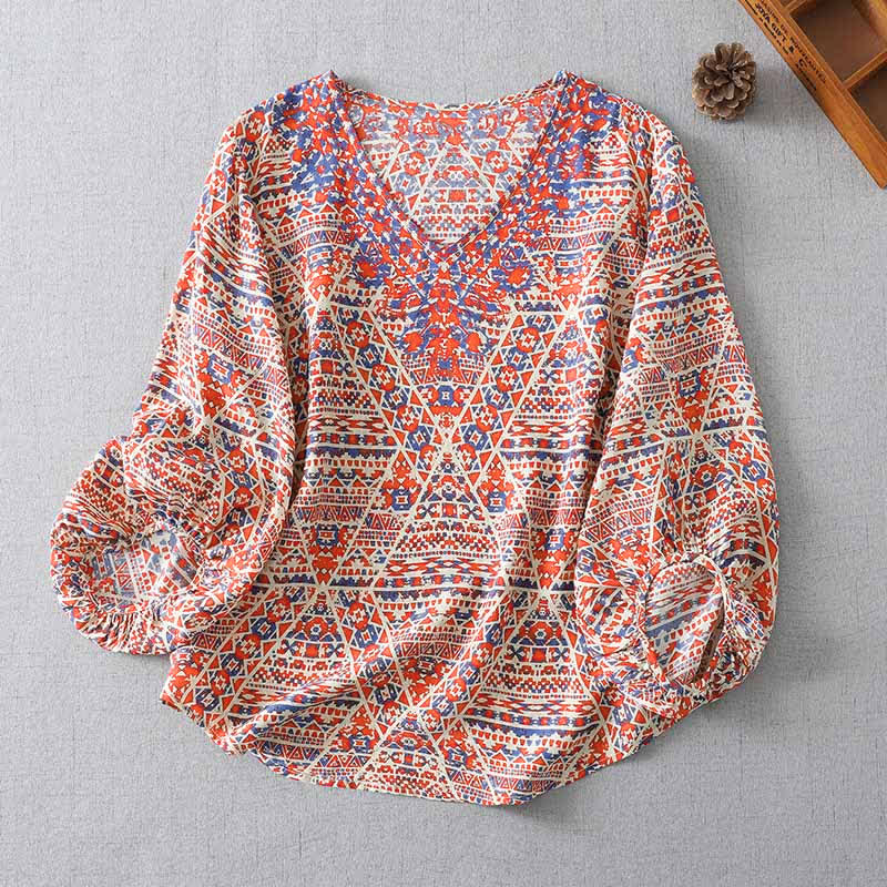 Buddha Stones Summer Boho Vintage Red Geometric V-Neck Women's Long Sleeve T-Shirt