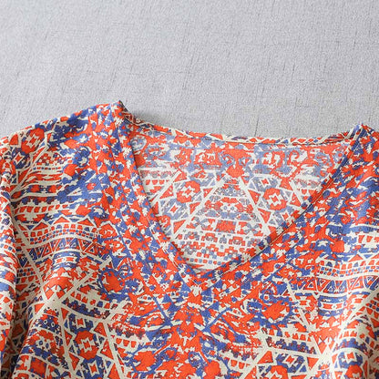 Buddha Stones Summer Boho Vintage Red Geometric V-Neck Women's Long Sleeve T-Shirt