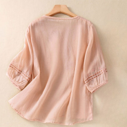 Buddha Stones Artistic Plain Floral Embroidered Design Crew Neck Puff Half Sleeve Women's T-Shirt