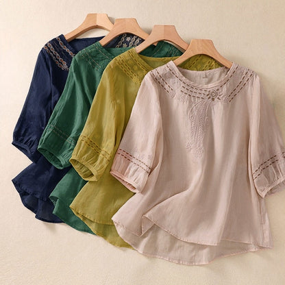Buddha Stones Artistic Plain Floral Embroidered Design Crew Neck Puff Half Sleeve Women's T-Shirt