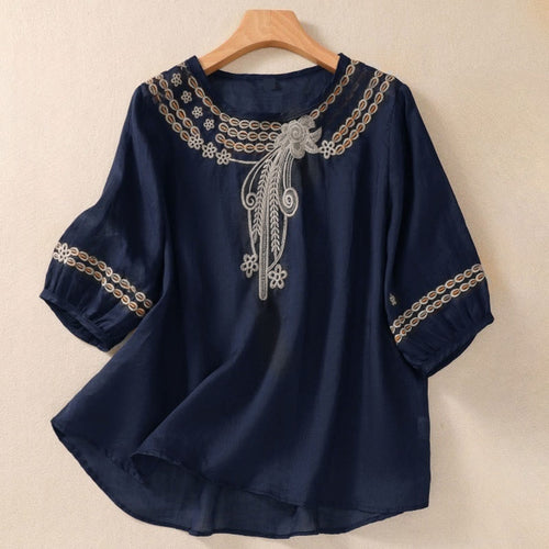 Buddha Stones Artistic Plain Floral Embroidered Design Crew Neck Puff Half Sleeve Women's T-Shirt