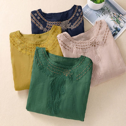 Buddha Stones Artistic Plain Floral Embroidered Design Crew Neck Puff Half Sleeve Women's T-Shirt