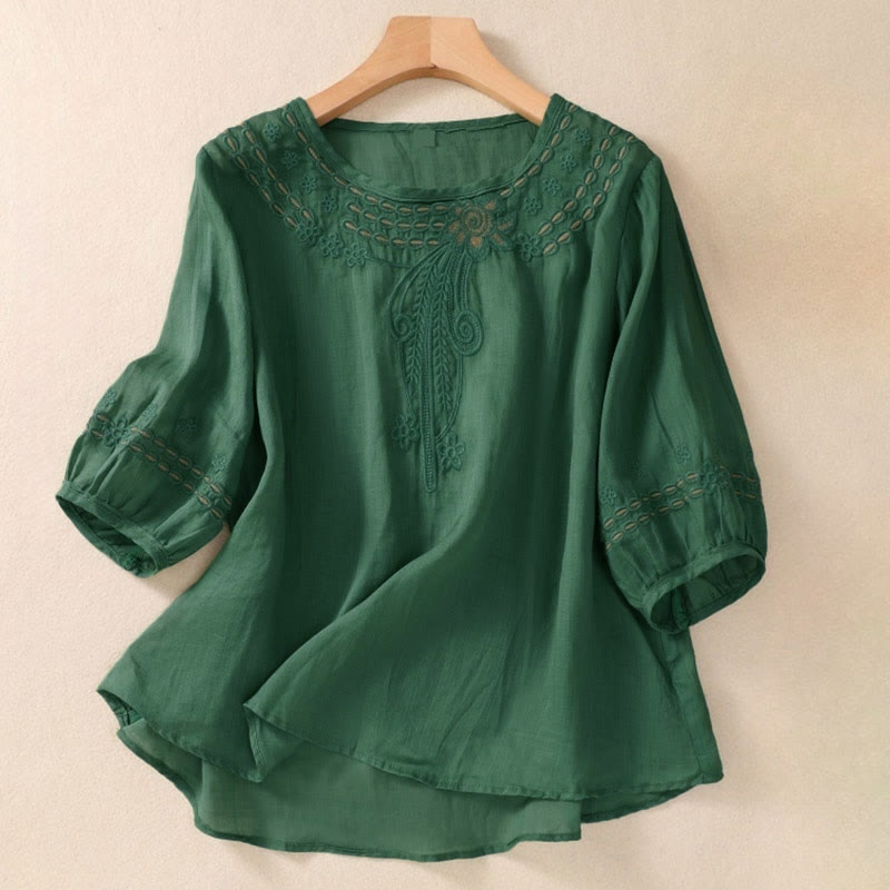 Buddha Stones Artistic Plain Floral Embroidered Design Crew Neck Puff Half Sleeve Women's T-Shirt
