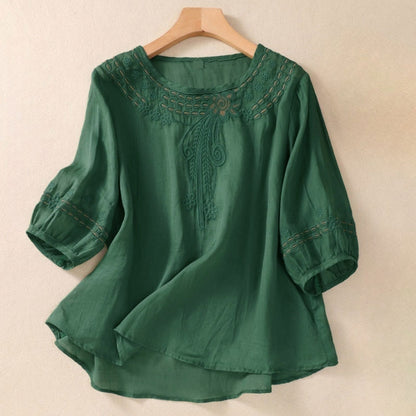 Buddha Stones Artistic Plain Floral Embroidered Design Crew Neck Puff Half Sleeve Women's T-Shirt