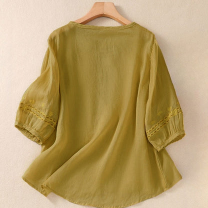 Buddha Stones Artistic Plain Floral Embroidered Design Crew Neck Puff Half Sleeve Women's T-Shirt