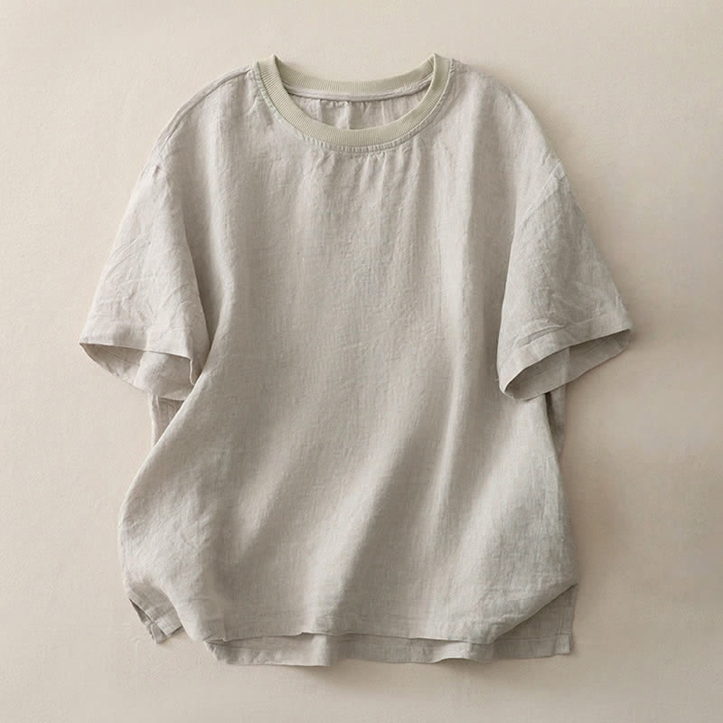 Buddha Stones Plain Threaded Crew Neck Design Women's Short Sleeves Shirt