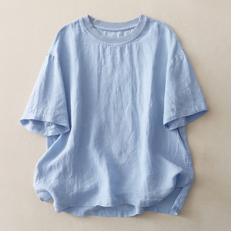 Buddha Stones Plain Threaded Crew Neck Design Women's Short Sleeves Shirt
