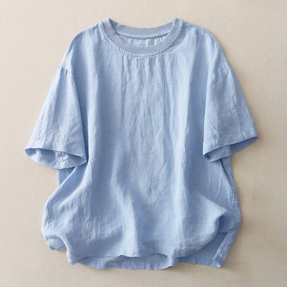 Buddha Stones Plain Threaded Crew Neck Design Women's Short Sleeves Shirt