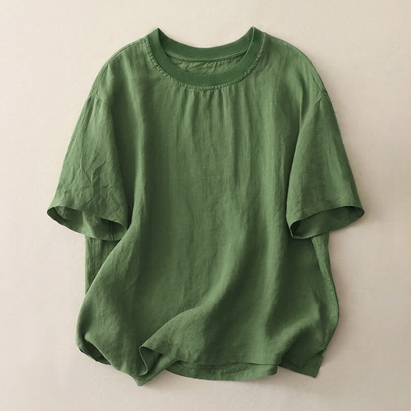 Buddha Stones Plain Threaded Crew Neck Design Women's Short Sleeves Shirt