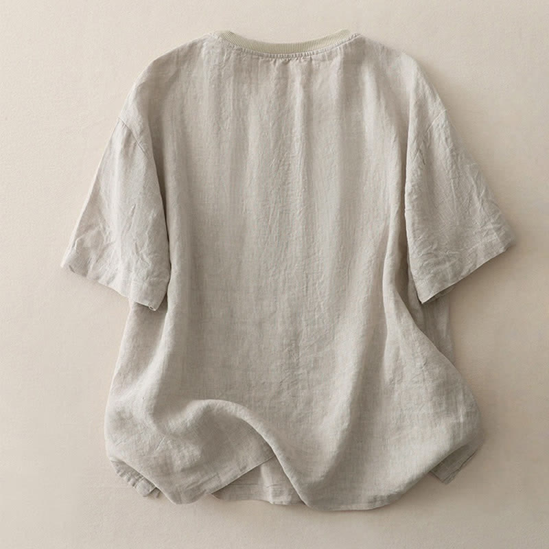 Buddha Stones Plain Threaded Crew Neck Design Women's Short Sleeves Shirt