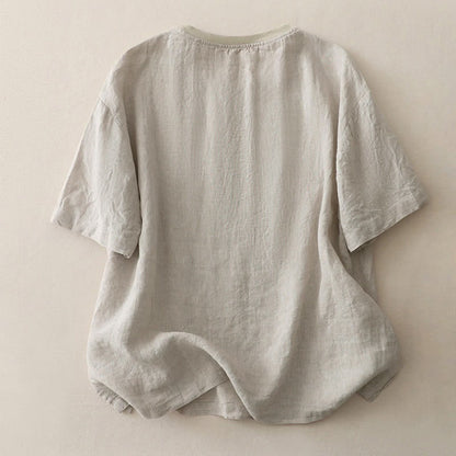 Buddha Stones Plain Threaded Crew Neck Design Women's Short Sleeves Shirt