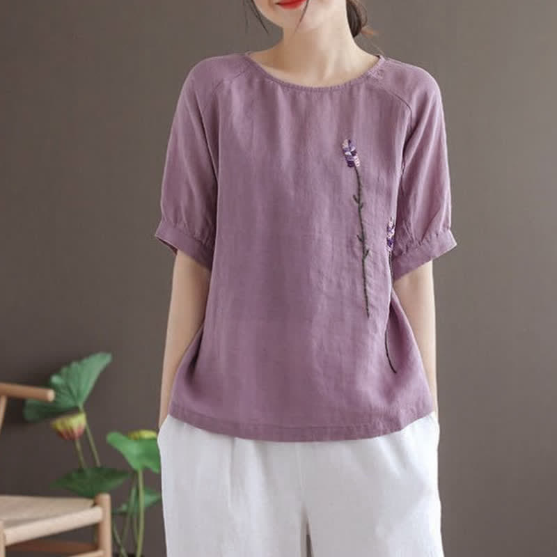Buddha Stones Summer Vintage Embroidered Flower Pattern Women's Crew Neck Design T-Shirt